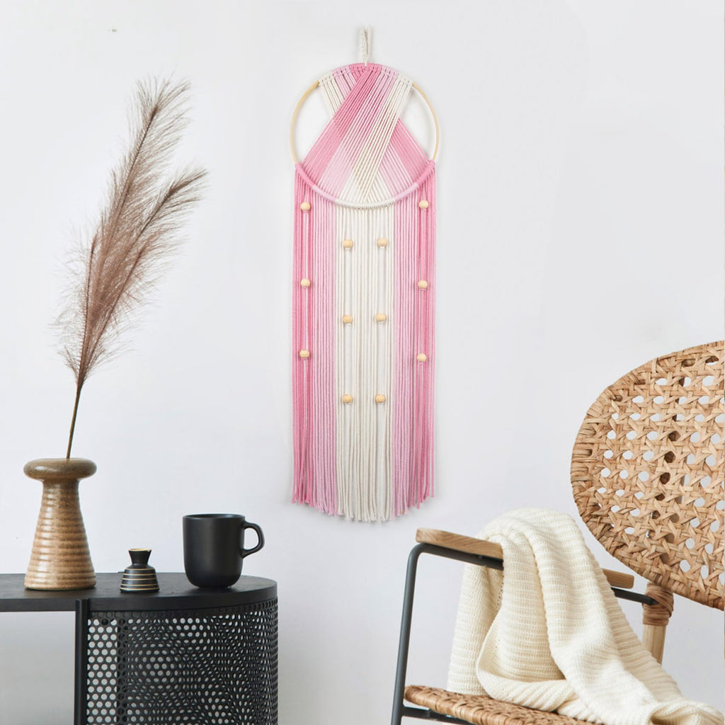 LB Boho Pink Macrame Wall Hanging Woven Cotton Tapestry Pink and White Wall Art with Wood beads Modern Aesthetic