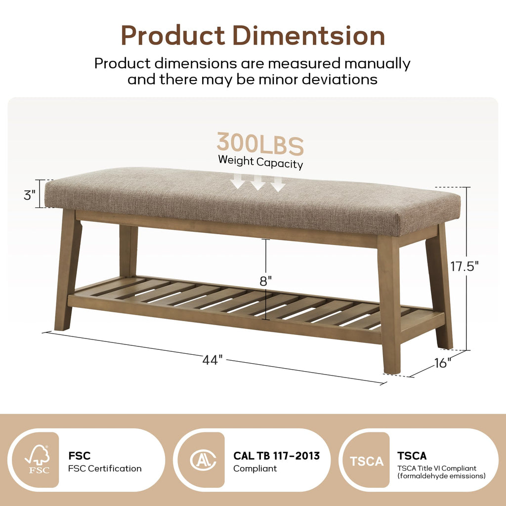 Entryway Bench with Cushion, Upholstered Shoe Rack Bench with Solid Wood Shelf, 44" End of Bed Bench, Chenille