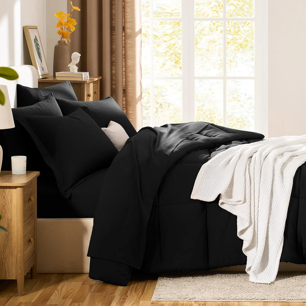 Queen Comforter Set Black - 7 Pieces Bed in a Bag Queen, All Season Soft Bedding Set