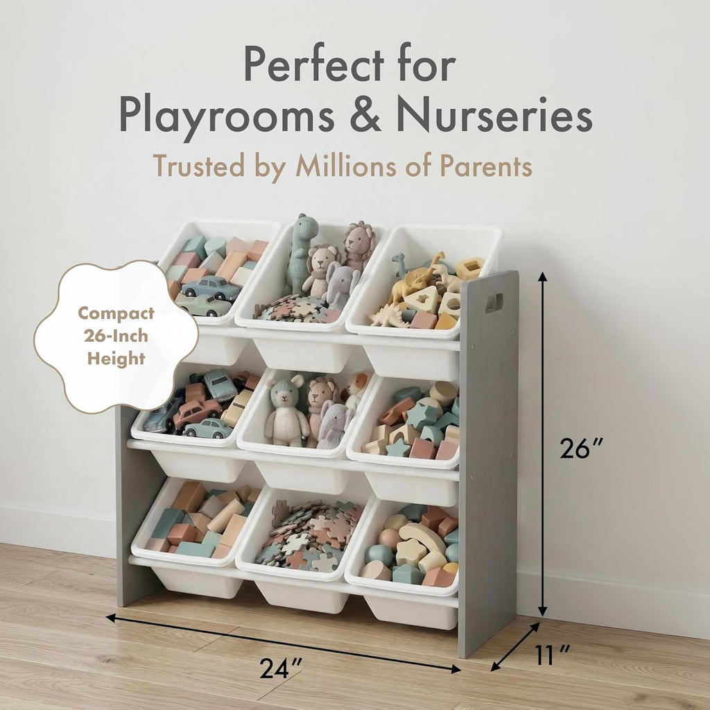 Kids Toy Organizer with 9 Bins, 3 Tier Storage | Sturdy wood and steel toddler shelf, removable BPA-free containers