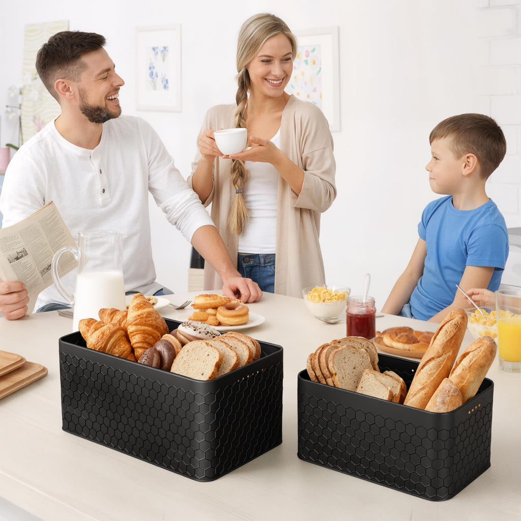 Metal Set of 2 with Bamboo Lid, Modern Bread Storage Containers with Air Vents, Bamboo Cutting Board Lid, Farmhouse