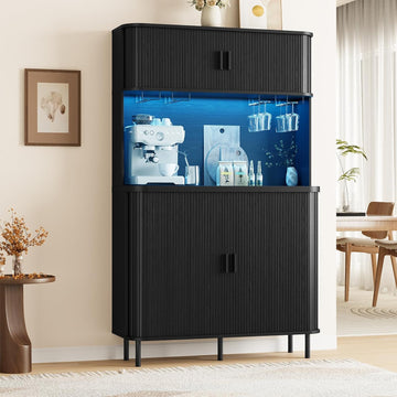 71" Tall Fluted Wine Bar Cabinet with Storage Black | Liquor Cabinet, Coffee Bar Cabinet, Large Home Bar, with LED