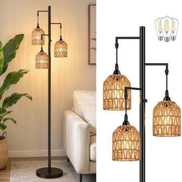 70'' Tall Floor Lamp, 3-Light Rattan Standing Lamp, Black