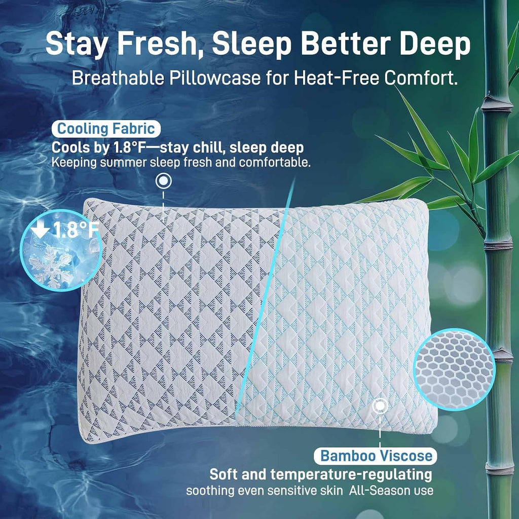 Shredded Memory Foam Soft Bamboo Viscose Pillows Adjustable Hypoallergenic Hotel Quality Bed Pillows for Side, Back
