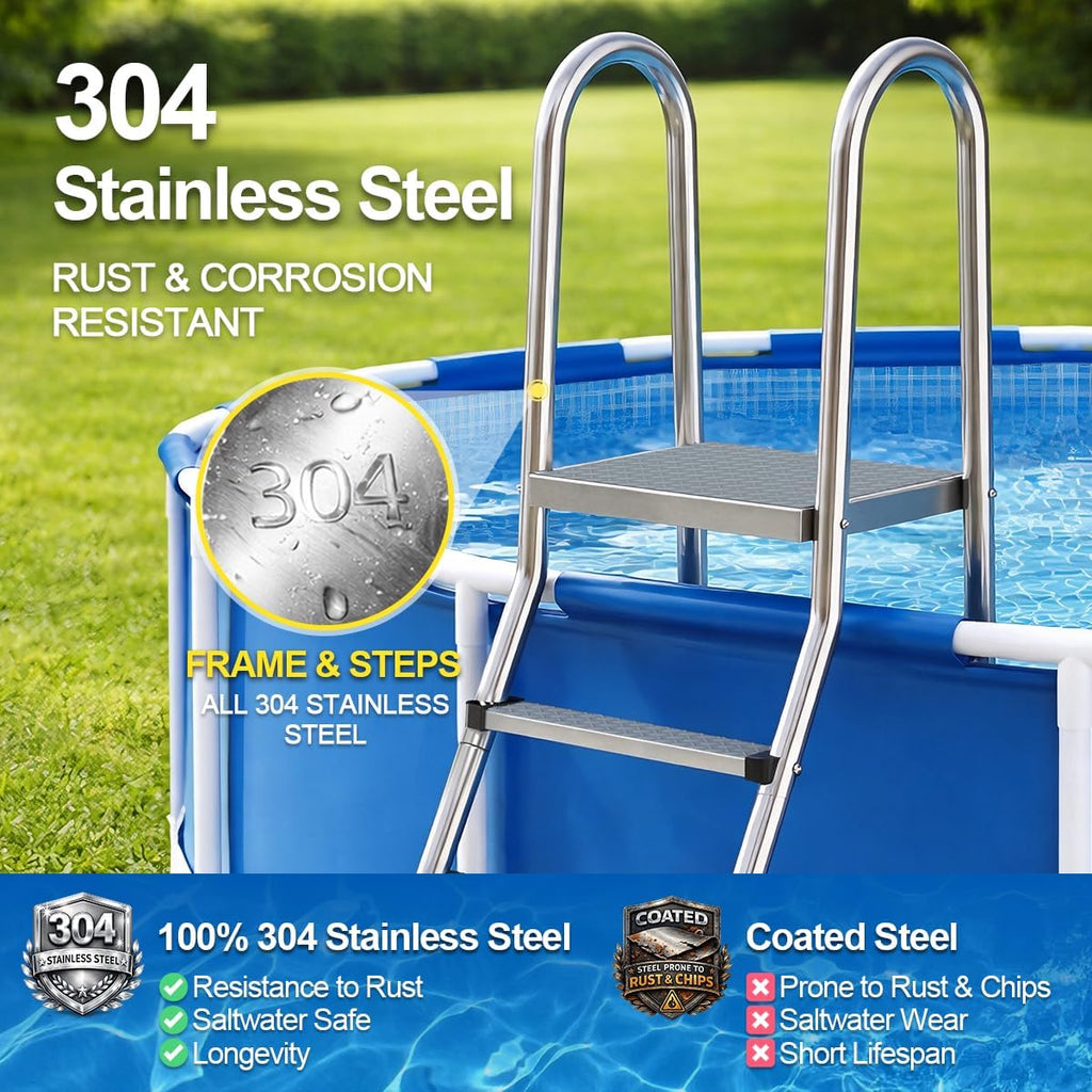 Above Ground Pool Ladder, 304 Stainless Steel Heavy Duty Pool Ladder | Pool Ladder with Non-Slip Wide Steps, 580 LBS