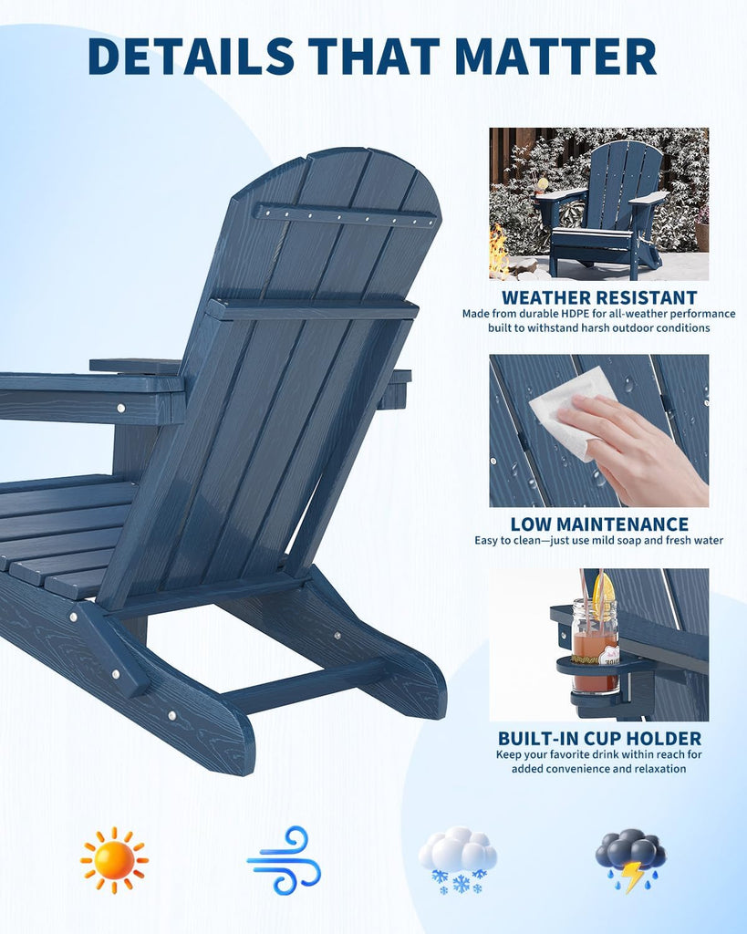 HDPE Folding Adirondack Chair Set of 2 with Side Table, Navy Blue | All-Weather Resistant & Wood Textured & Cup
