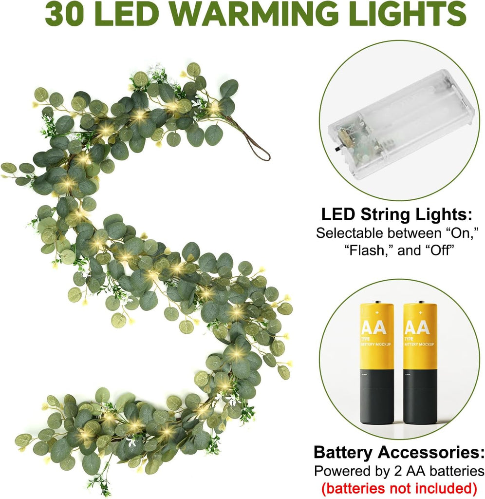 6Ft Lighted Eucalyptus Garland with 30 LED Lights String, Battery Operated Olive Leaf Greenery Garland for Table - Set of 6