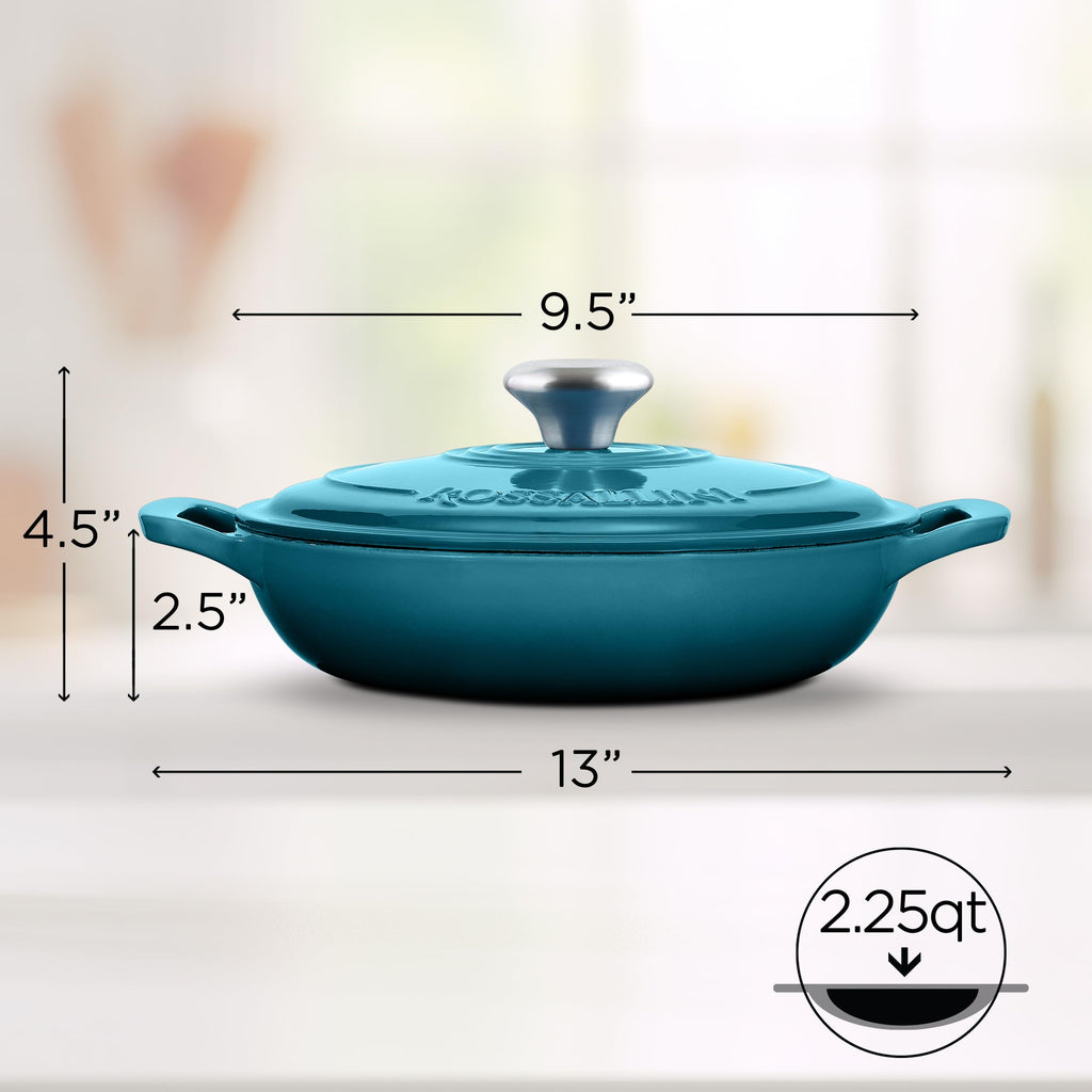 Enameled Cast Iron Braiser Pan with Lid, 2.25 Quart, Ocean Blue