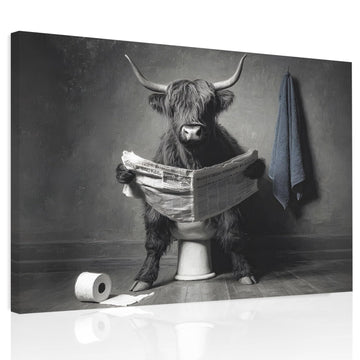 Highland Cow Reading Newspaper on The Toilet Canvas Print Wall Art - Funny Animal - Wall Decor Modern Artwork