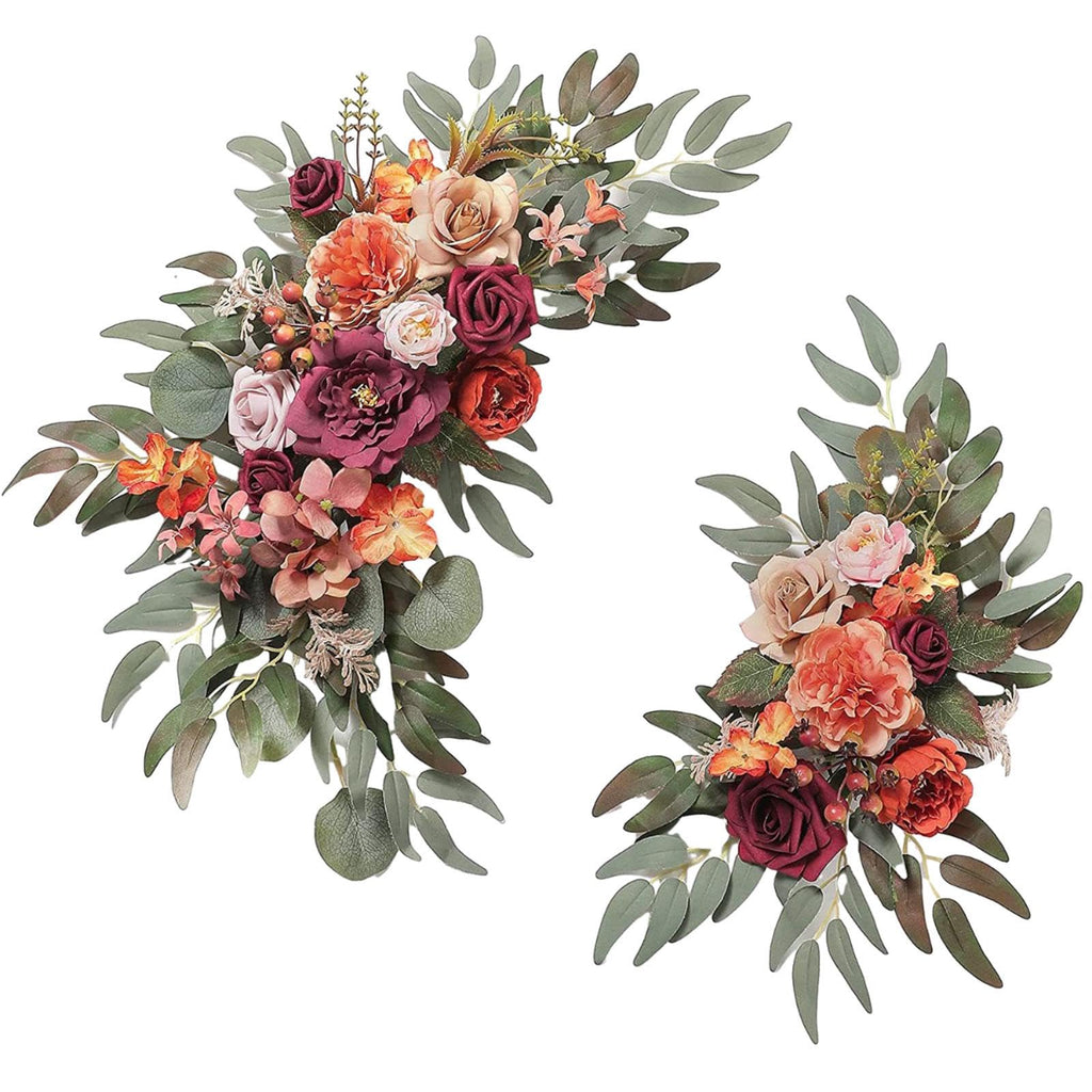2-Piece Red Silk Flower Swag for Wedding Arch, Artificial Floral Backdrop Hanging Wreath Wall Door Party Decoration