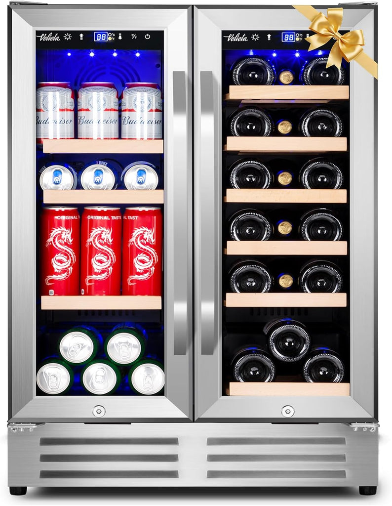 Wine and Beverage Refrigerator, 24 Inch Dual Zone Fridge with Glass Door, Built