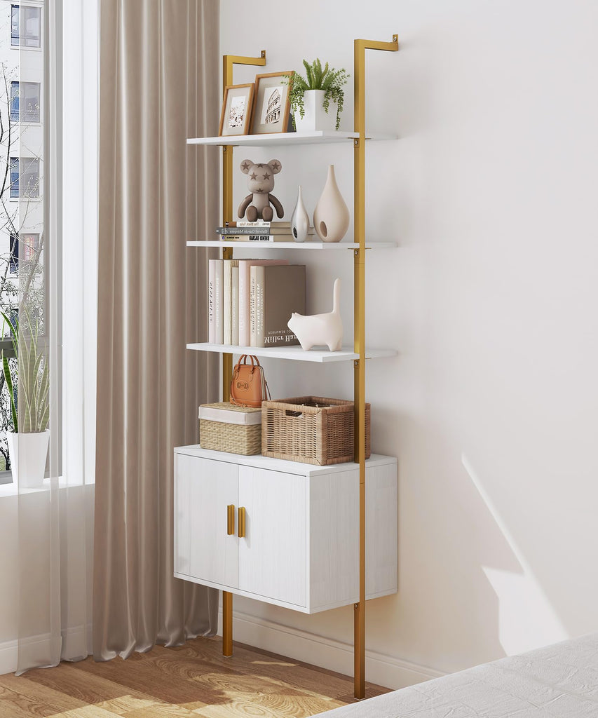 73" Tall Bookshelf with Cabinet, Industrial Ladder Wall Mount Shelf Bookcase with Wood and Metal Frame, Plant Shelf