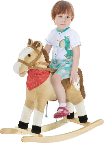 Kids Plush Ride-On Rocking Horse Toy with Fun Realistic Sounds Beige