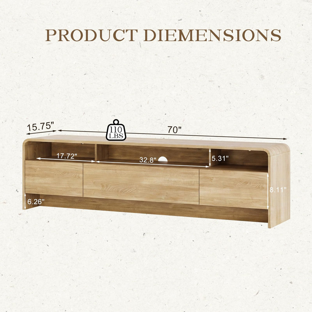 70" Modern Rounded-Corner TV Stand for 70-80 Inch TVs(Natural Oak)