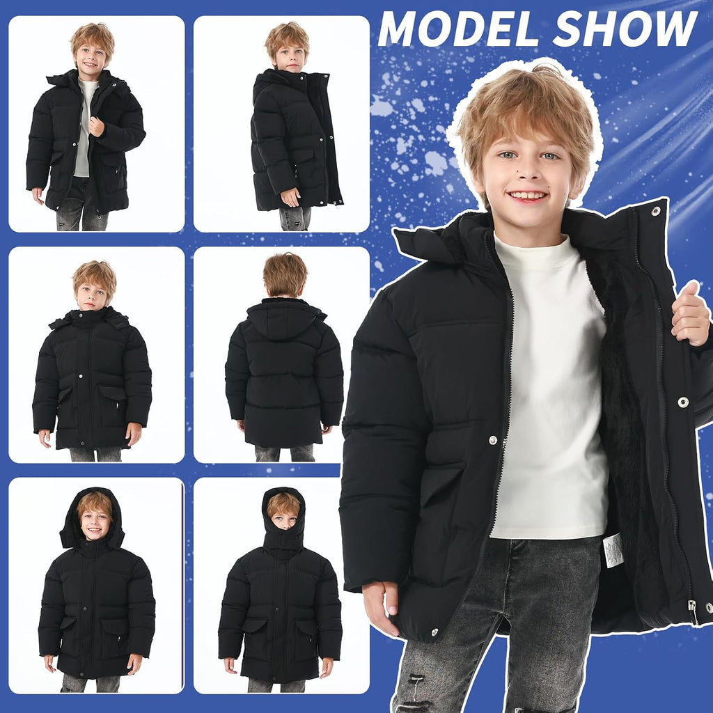 Boys Winter Coat Kids Warm Jacket Wind Water-Resistant Puffy Coats Outwear Toddler Hood Fleece Inner