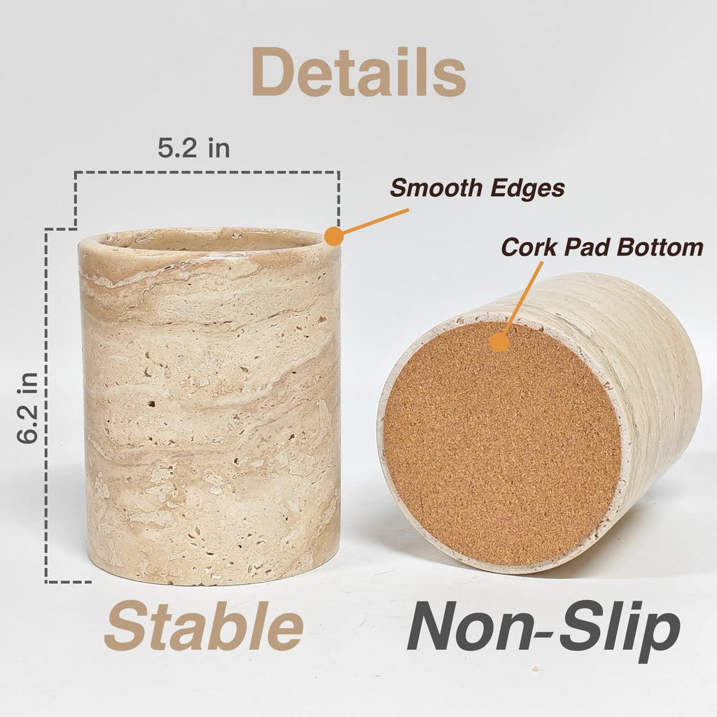 Natural Travertine Utensil Holder Countertop - Heavy & Stable Real Stone Utensil Crock, Large Spoon & Spatula