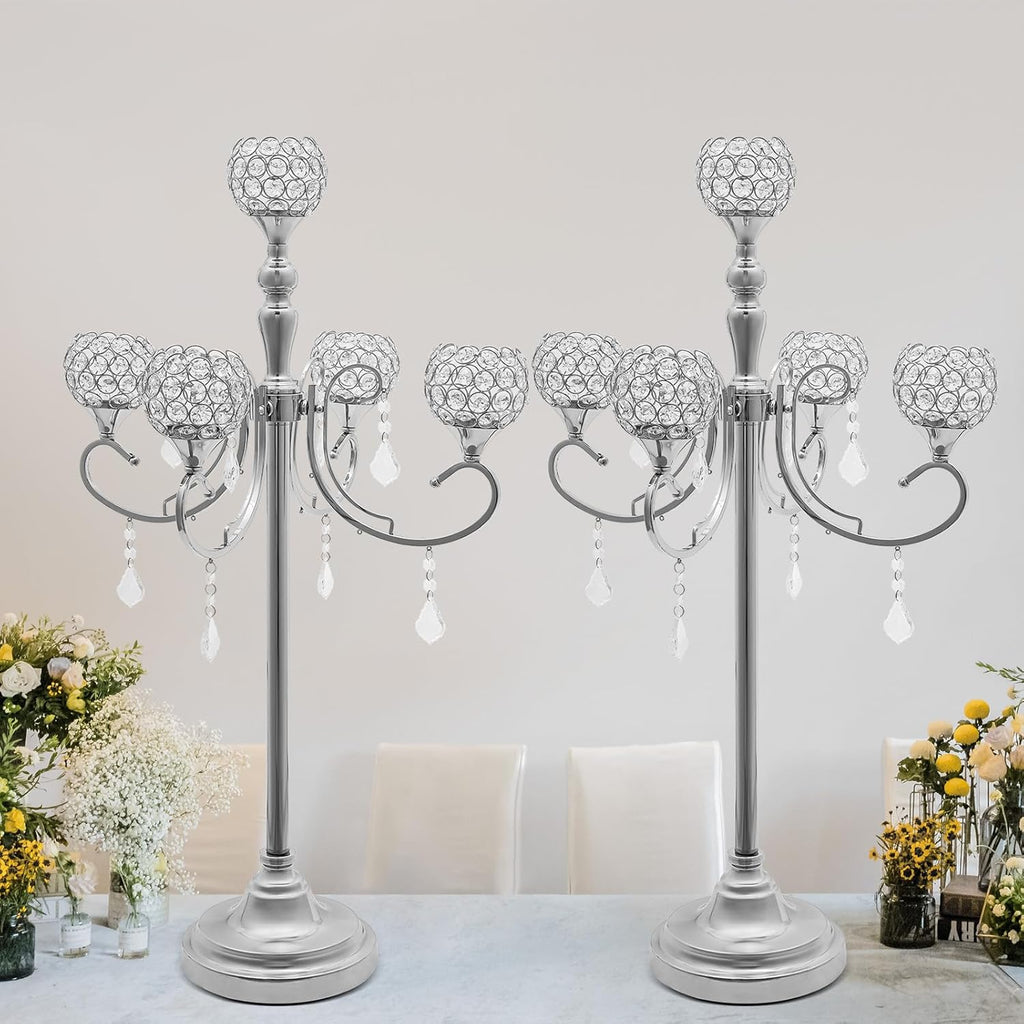 5 Arm Crystal Candelabra Centerpieces, 2 Pack 33.8 Inch Tall Candle Holder, Freestanding Table Candelabra Stand with
