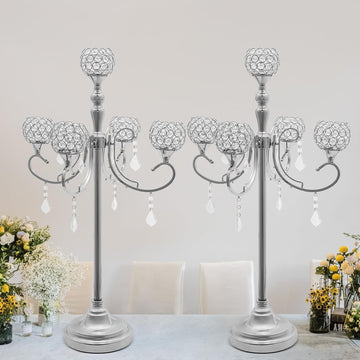 2 Pcs 5 Arm Gold Candelabra Centerpiece, 33 Inch Tall Crystal Candle Holder Centerpiece for Tables Elegant Metal