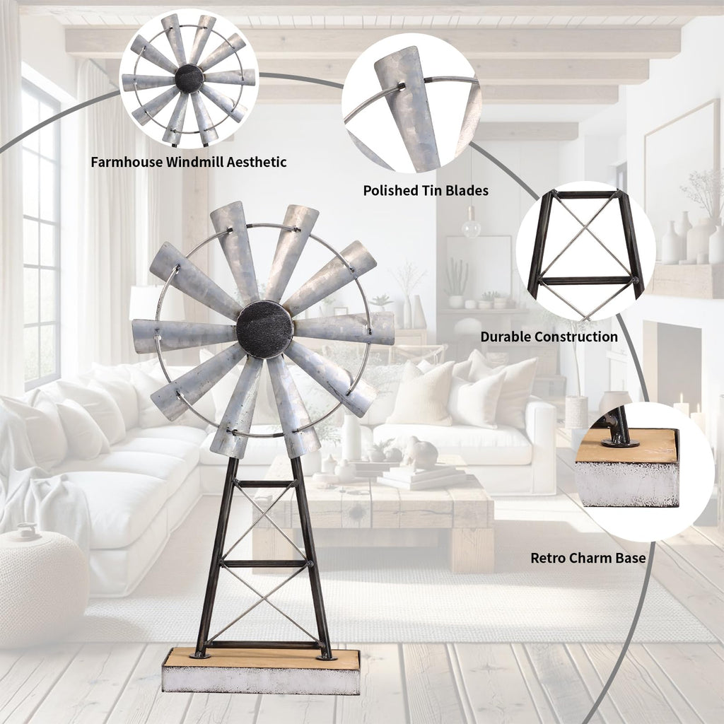 Charming Tall Galvanized Windmill Decor, Metal Windmill Accent for Farmhouse Shelf Decor and Living Room, Adding a