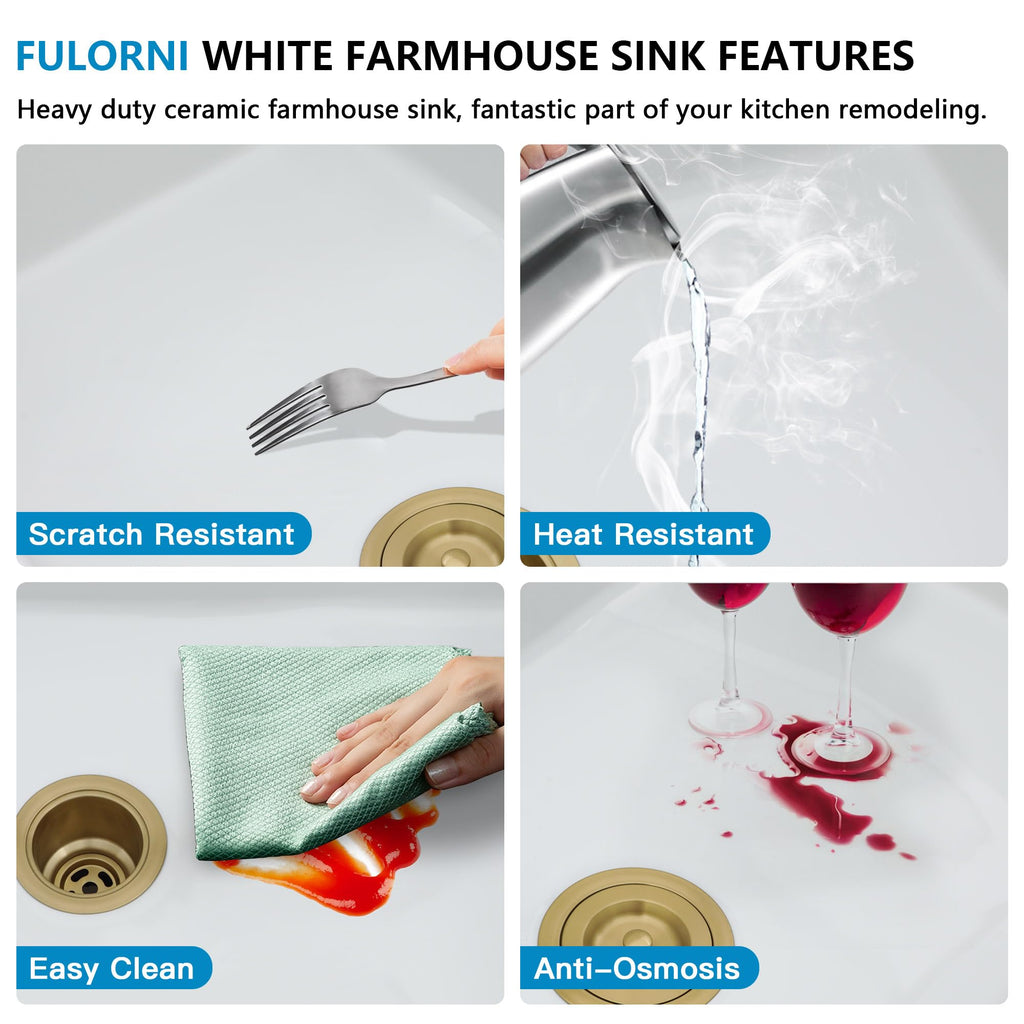 33"x19" White Undermount Kitchen Sink Workstaion - High-Gloss Ceramic Porcelain Fireclay Dual Mount Single Bowl Drop