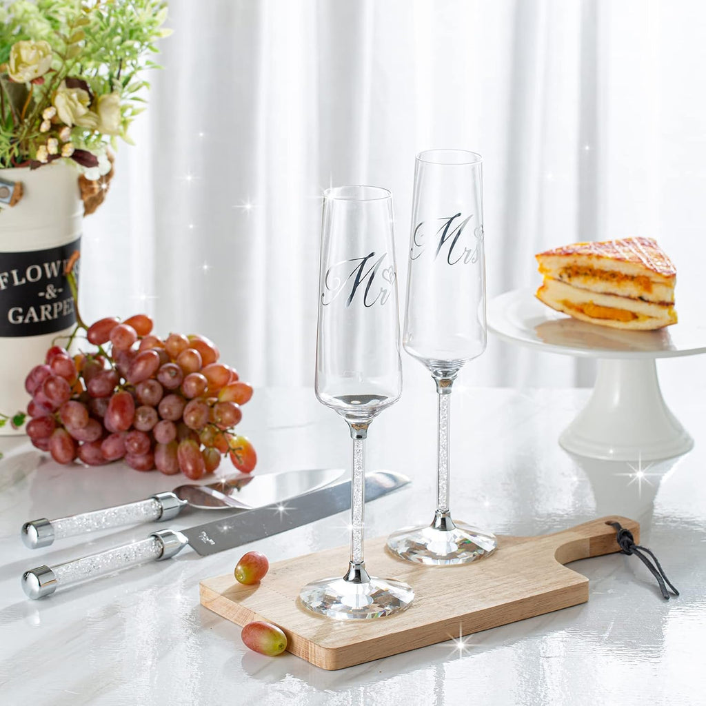 Wedding Cake Knife and Server Set, Mr and Champagne Flutes with Wedding Cake Cutting Set for Bride and Groom Toasting