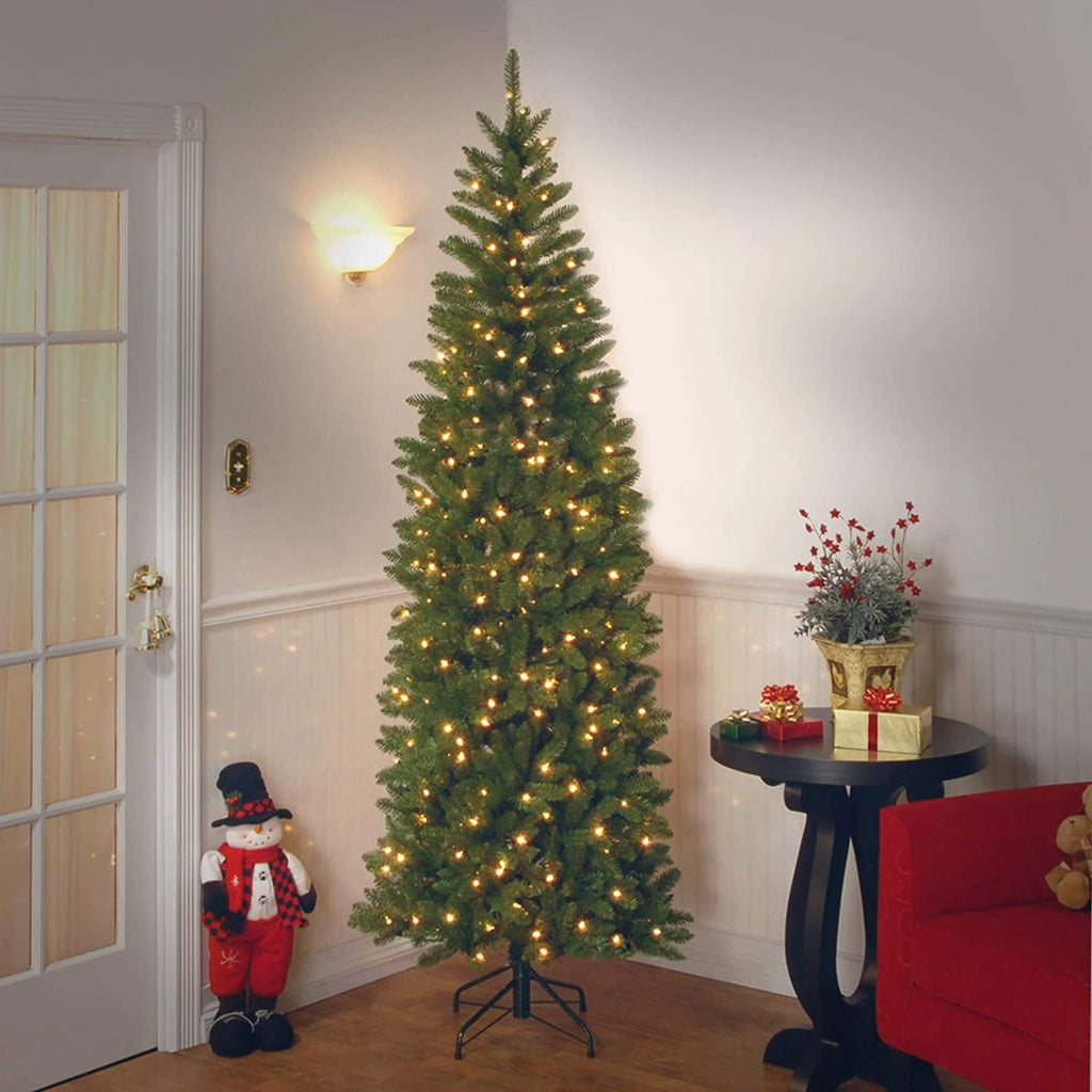 Tree Company 7.5ft Pre-Lit Kingswood Fir Slim Christmas Tree | 350 Clear Lights, 1,075 Tips, Includes Stand