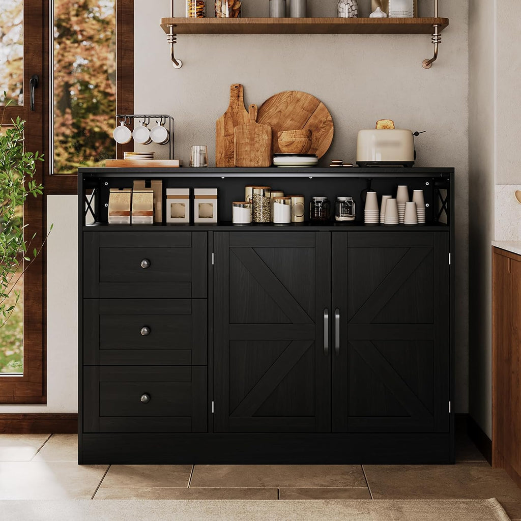 Farmhouse Buffet Cabinet with 3 Drawers & Open Shelf, Sideboard with Storage, 47" Kitchen Pantry Cabinet Hutch