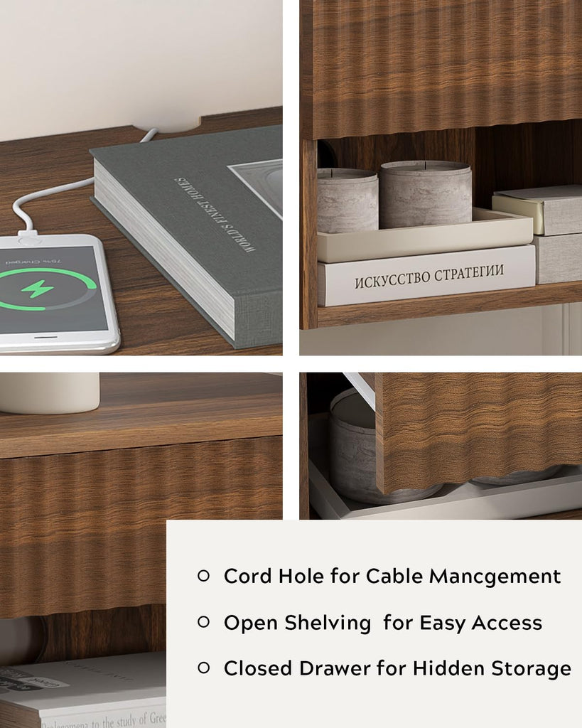 Floating nightstand Set of 2, Modern Fluted Bedside Tables with Drawer & Open Shelf Brown