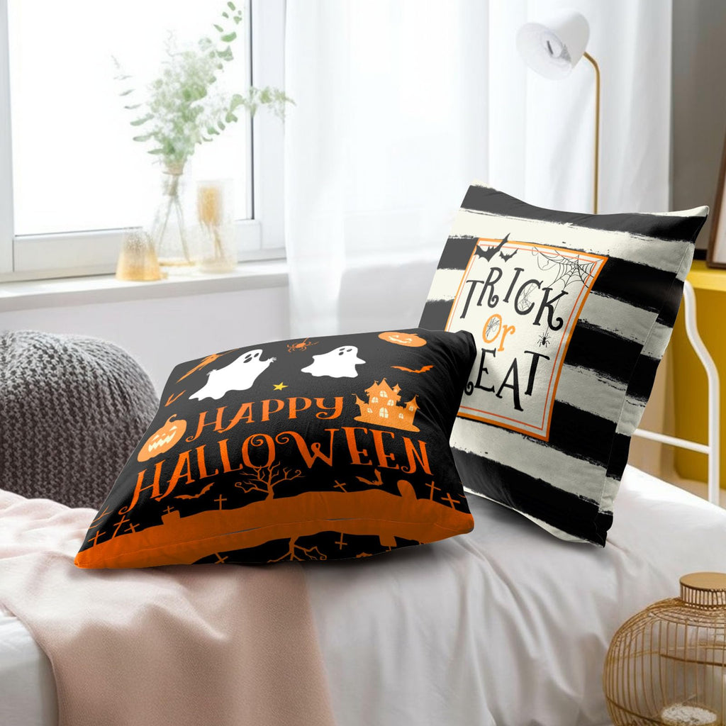Happy Halloween Ghost Castle Pumpkin Throw Pillow Covers 18X18 Inches Set of 2 Trick or Treat Black and White Stripe