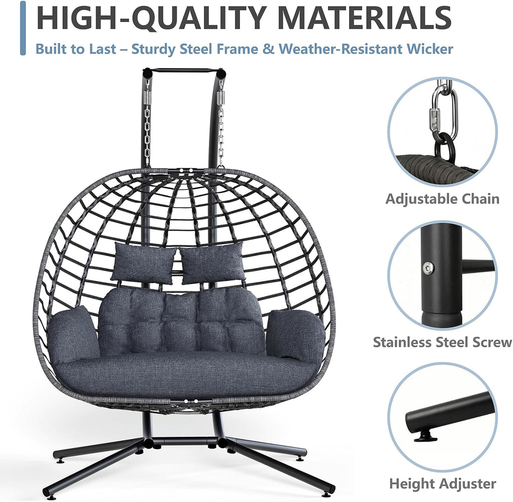 Double Egg Swing Chair with Stand, Outdoor Patio 2 Person Hanging Wicker Hammock Chairs with Cushion for Indoor
