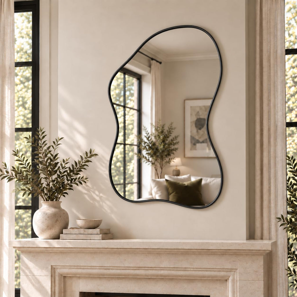 28"x40" Irregular Wall Mirror with Black Frame, Asymmetrical Abstract Decorative Mirror