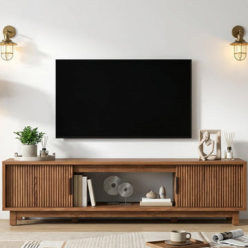 TV Stands, 70 Inch Large Entertainment Center Fluted TV Stand with Storage, Boho Media Console Wood Television Table
