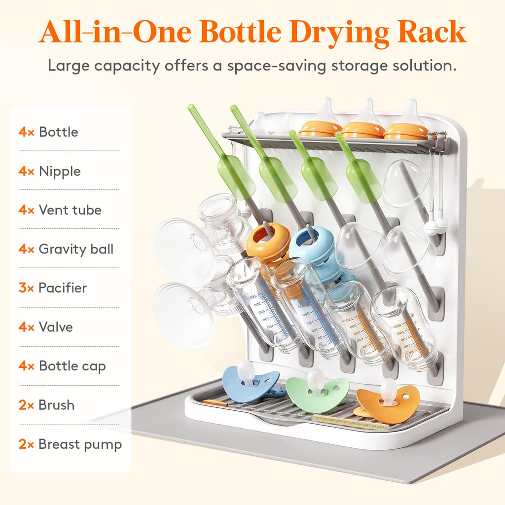 15-Hooks Baby Bottle Drying Rack with Drain Mat for Countertop