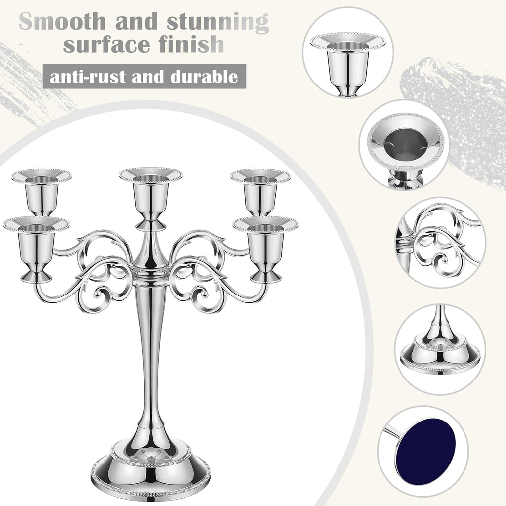 3 Pcs 5 Arm Metal Candelabra Candlestick Holders 10.24 Inch Tall Candlestick Holders Gothic Candle Holdery (Sliver)