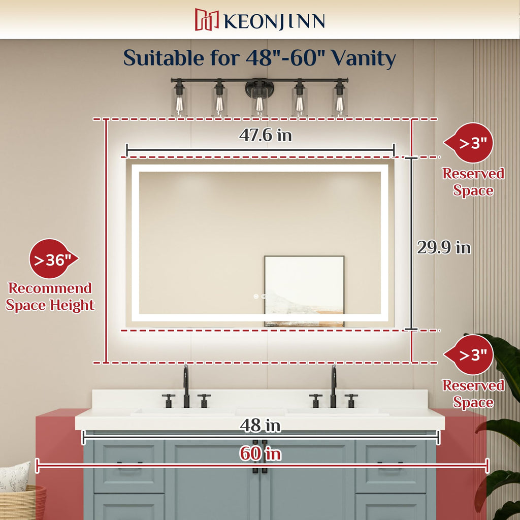 48x30 Inch LED Bathroom Mirror with Lights, Frontlit & Backlit
