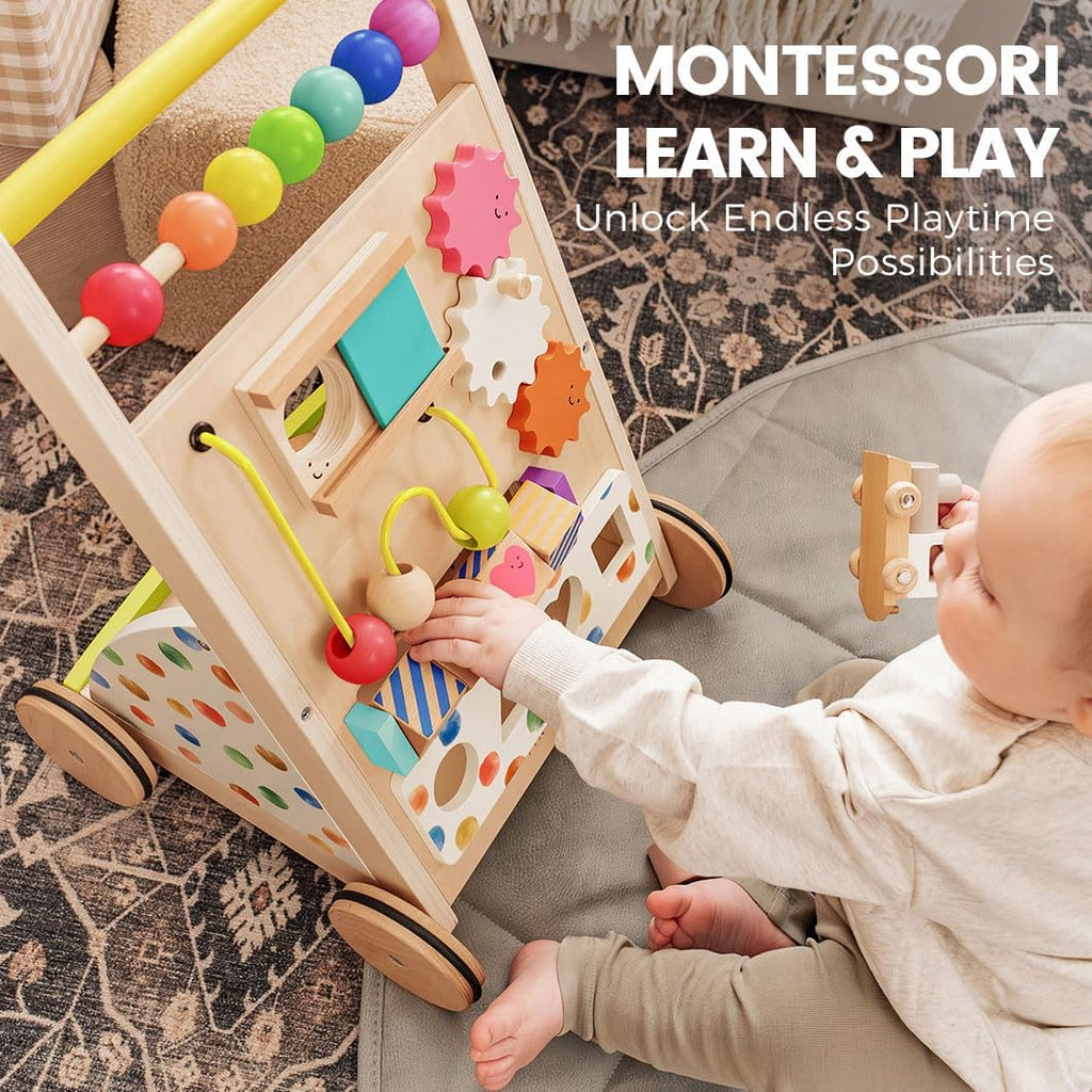 Land Wooden Baby Walker with Activity Center, Montessori Push Walker
