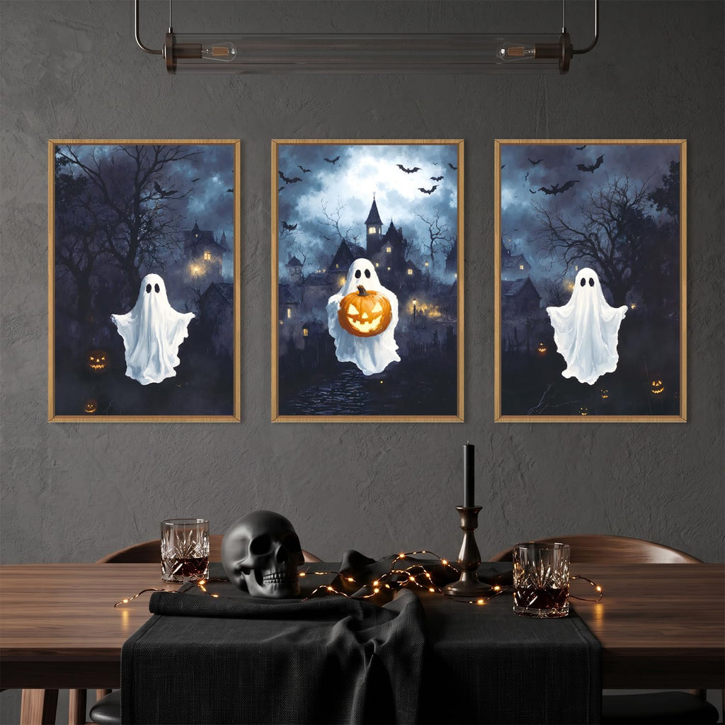 Large Spooky Halloween Framed Canvas Wall Art Set, Funny Ghost and Pumpkin Wall Decor, Eerie Night Castle Scene