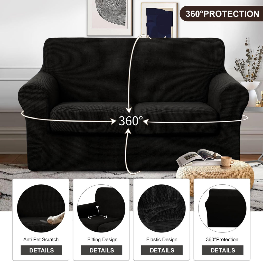 3 Pieces Stretch Loveseat Couch Cover, Black