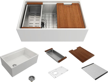 Contempo Workstation Apron Front Step Rim Fireclay 30 in. Single Bowl Kitchen Sink with Accessories in White