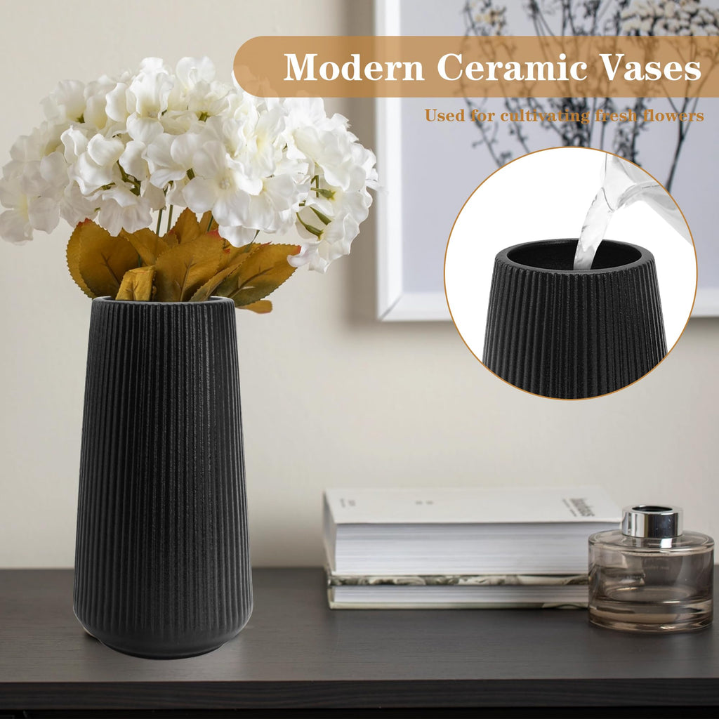 Black Ceramic Vase, Cute Flower Vase for Pampas Grass, Home, Living Room, Dining Table, Farmhouse, Office Decor
