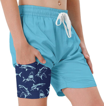 Boys Swim Trunks for Teen 2 in 1 Bathing Suits Board Shorts with Compression Liner