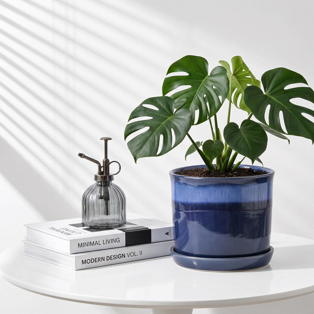 8 Inch Ceramic Plant Pot with Bonded Saucer & Drainage Hole, Large Modern Blue Flower Planter for Indoor Outdoor