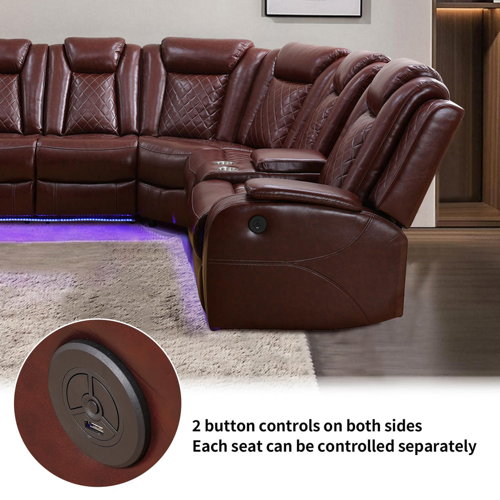 Power Recliner Sofa Sectional Couch with LED Light, Burgundy Leather Reclining Corner Sectional Sofa with 3
