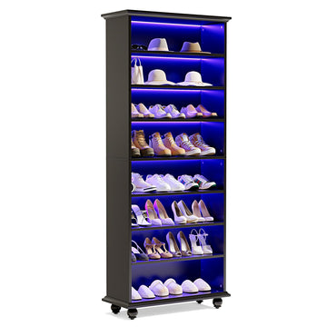 69-Inch Tall Shoe Cabinet with LED Light Strip & Adjustable Shelves, Black Wooden 8-Tier Shoes Display Cabinet for 26