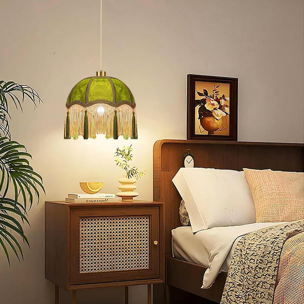 Plug in Pendant Light Fringe Hanging Lights with Plug in Cord Green Hanging Lamp Gold Mid Century Modern Vintage