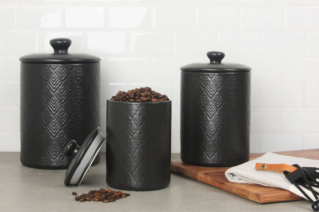 Embossed Marquis Ceramic Kitchen Canister Set, Set of 3, Matte Black