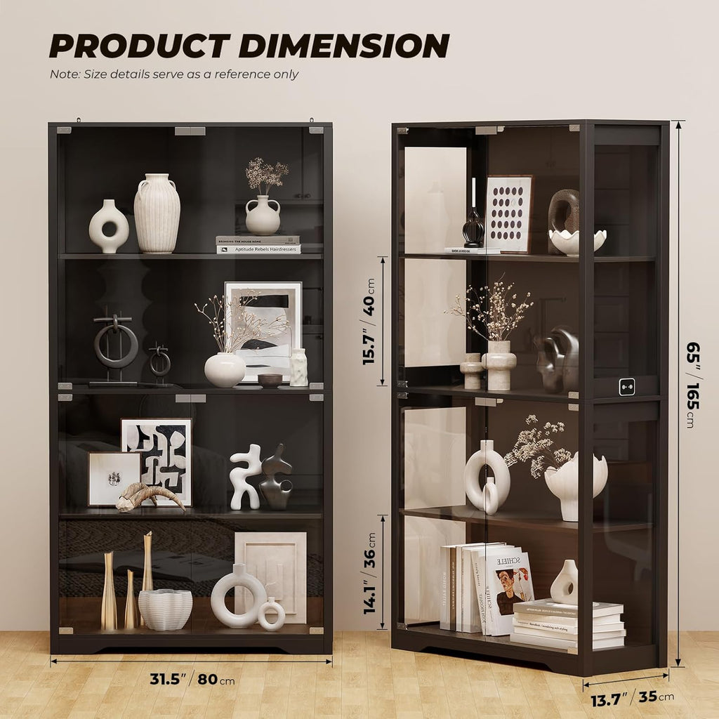 Display Cabinet with Glass Doors, 4-Tier Display Case, Black | Curio Cabinet with 3 Color Lights for Collectibles