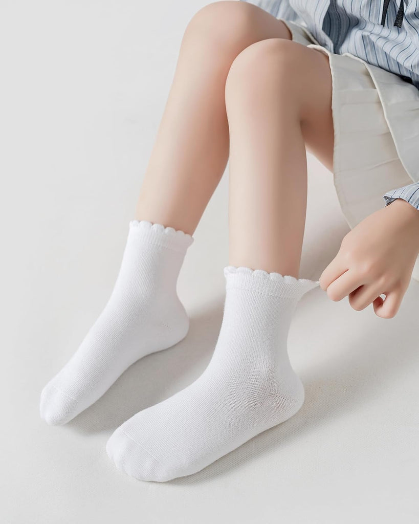 Girls Ruffle White School Uniform Socks Crew Scallop Dress Kid Sock