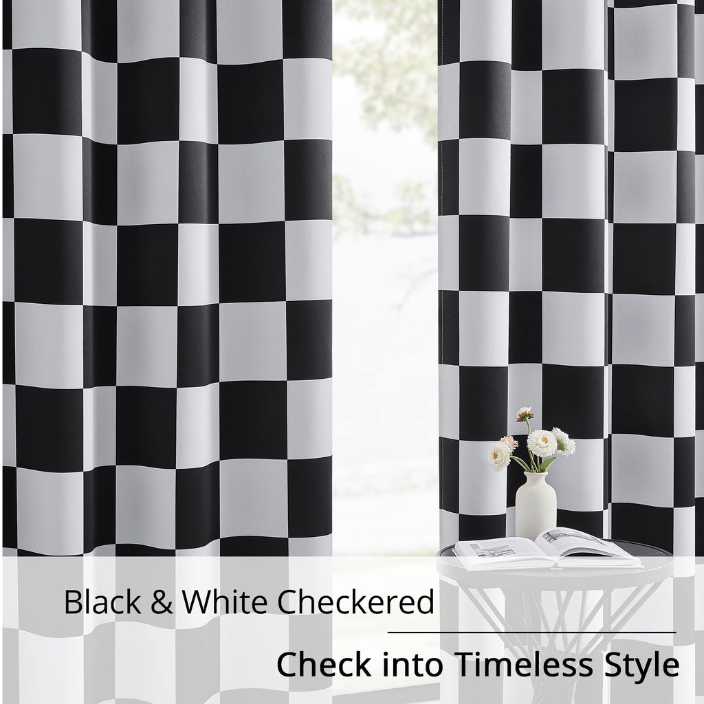 Black and White Checkered Blackout Curtains, 2 Panels, 52 * 84