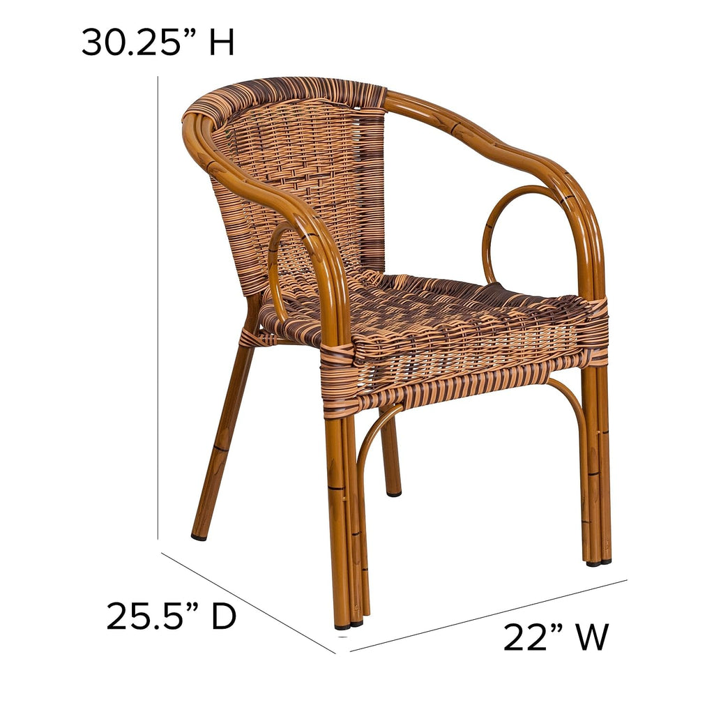 3 Pack Cadiz Series Burning Brown Rattan Restaurant Patio Chair with Dark Red Bamboo-Aluminum Frame